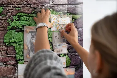 Magnetic glass dry erase board featuring a brick world map design