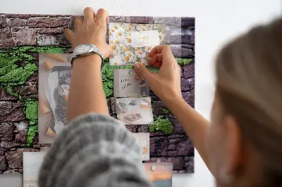 Magnetic glass dry erase board featuring a brick world map design