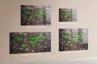 Magnetic glass dry erase board featuring a brick world map design
