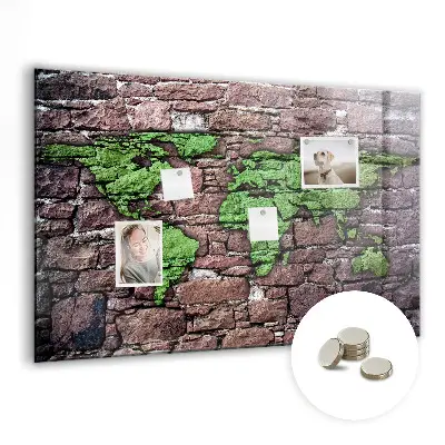 Magnetic glass dry erase board featuring a brick world map design