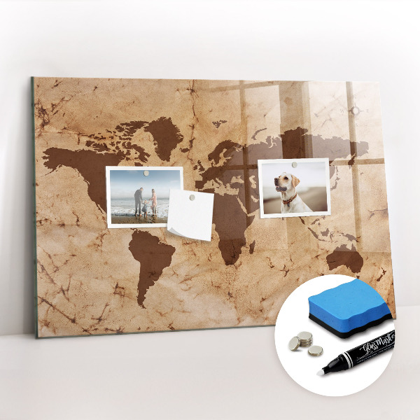 Glass dry erase board magnetic Vintage world map