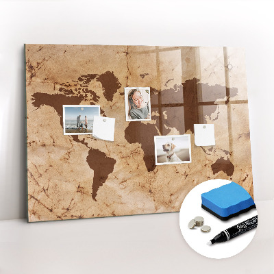 Glass dry erase board magnetic Vintage world map