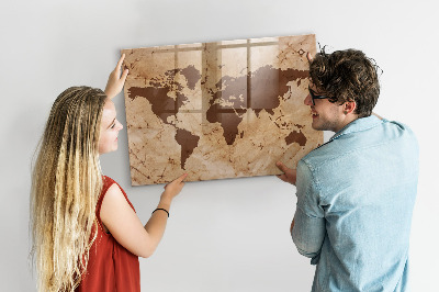 Glass dry erase board magnetic Vintage world map