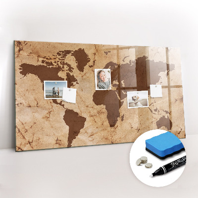 Glass dry erase board magnetic Vintage world map