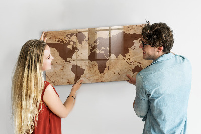 Glass dry erase board magnetic Vintage world map
