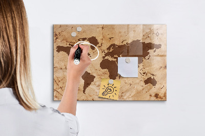 Glass dry erase board magnetic Vintage world map