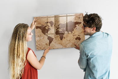 Glass dry erase board magnetic Vintage world map