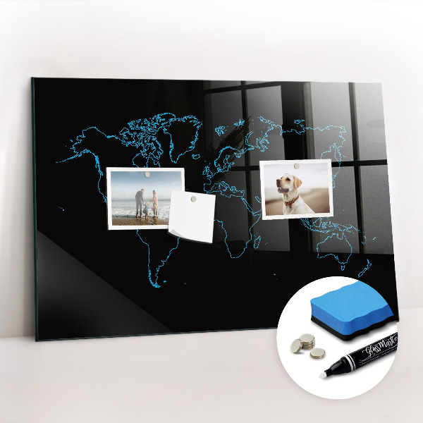 Glass dry erase board magnetic World map outlines