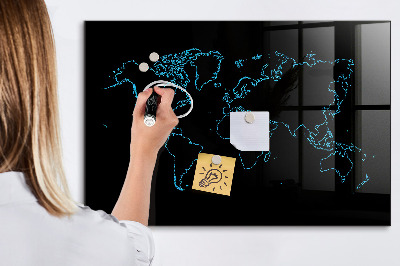 Glass dry erase board magnetic World map outlines