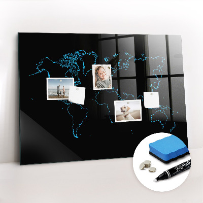 Glass dry erase board magnetic World map outlines