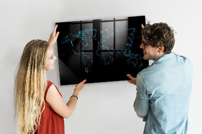 Glass dry erase board magnetic World map outlines