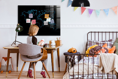 Glass dry erase board magnetic World map outlines