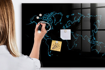 Glass dry erase board magnetic World map outlines