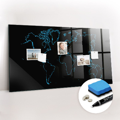 Glass dry erase board magnetic World map outlines