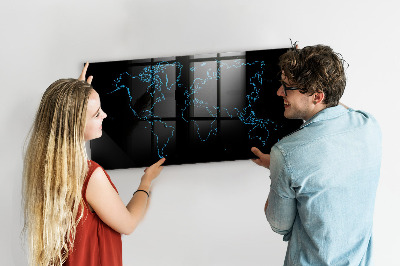 Glass dry erase board magnetic World map outlines
