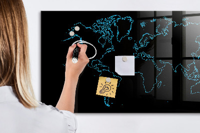 Glass dry erase board magnetic World map outlines