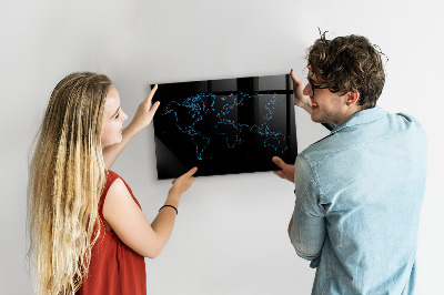 Glass dry erase board magnetic World map outlines