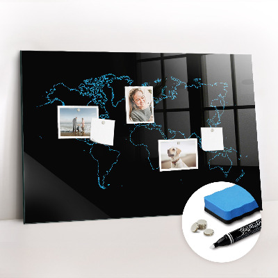 Glass dry erase board magnetic World map outlines