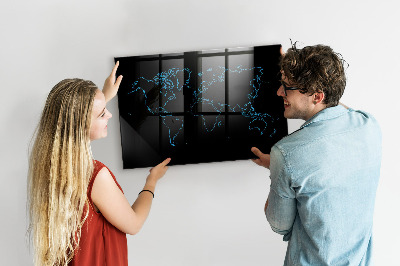 Glass dry erase board magnetic World map outlines