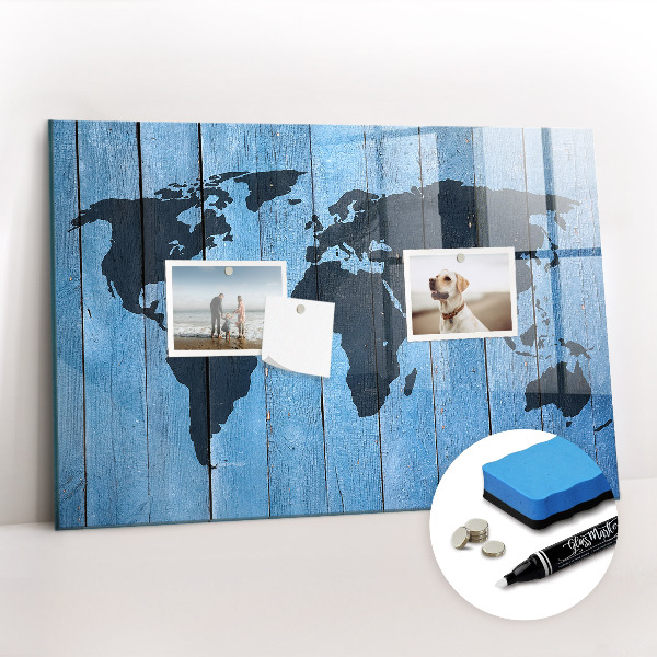Glass dry erase board magnetic World map plank