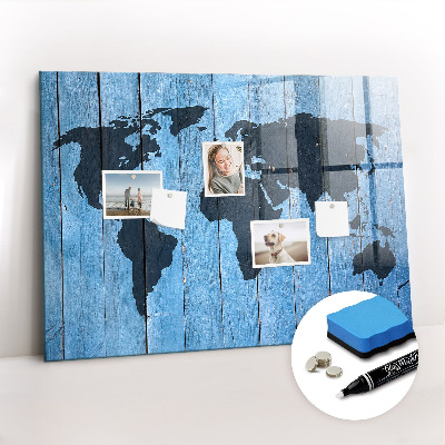 Glass dry erase board magnetic World map plank
