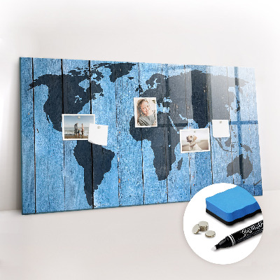 Glass dry erase board magnetic World map plank