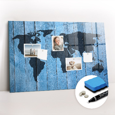 Glass dry erase board magnetic World map plank