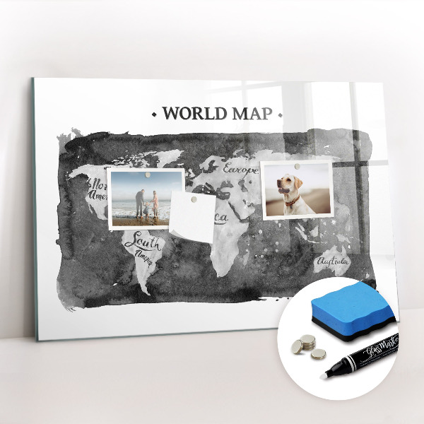 Glass dry erase board magnetic Retro world map