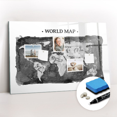 Glass dry erase board magnetic Retro world map