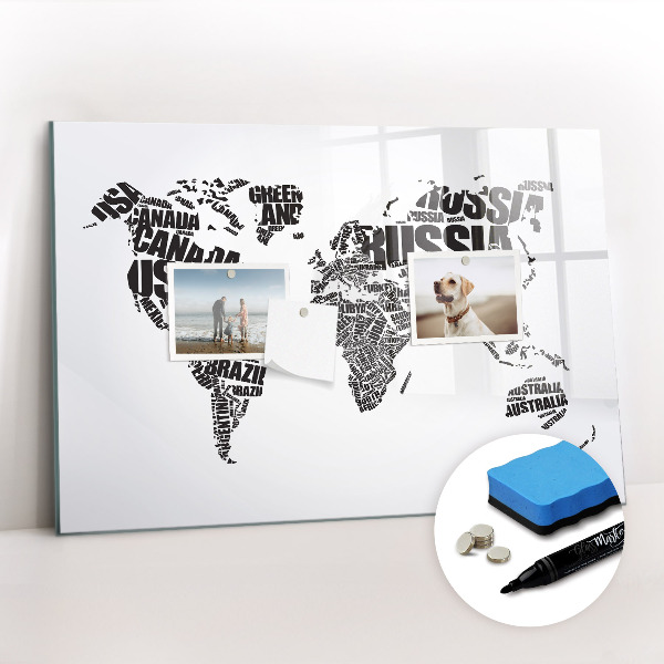 Dry erase magnetic board World map with inscriptions