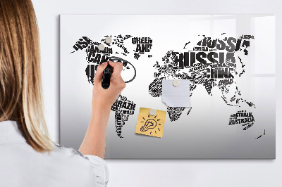 Dry erase magnetic board World map with inscriptions