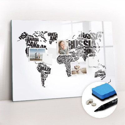 Dry erase magnetic board World map with inscriptions