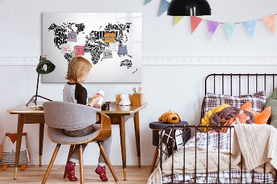 Dry erase magnetic board World map with inscriptions