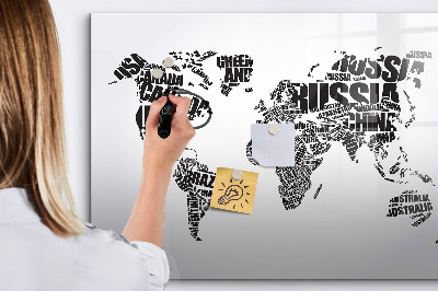 Dry erase magnetic board World map with inscriptions