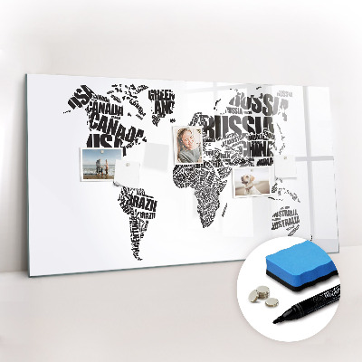 Dry erase magnetic board World map with inscriptions
