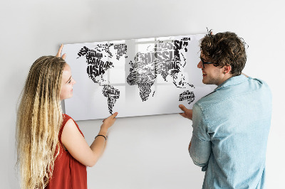 Dry erase magnetic board World map with inscriptions