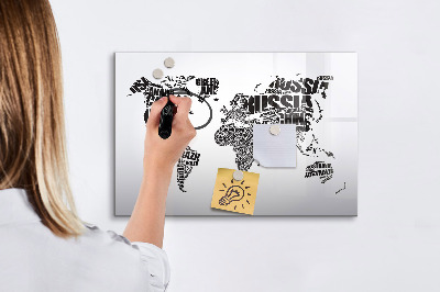 Dry erase magnetic board World map with inscriptions