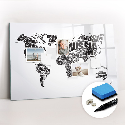 Dry erase magnetic board World map with inscriptions