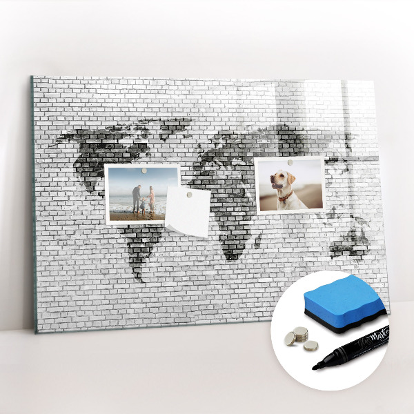 Magnetic board for writing Brick wall world map