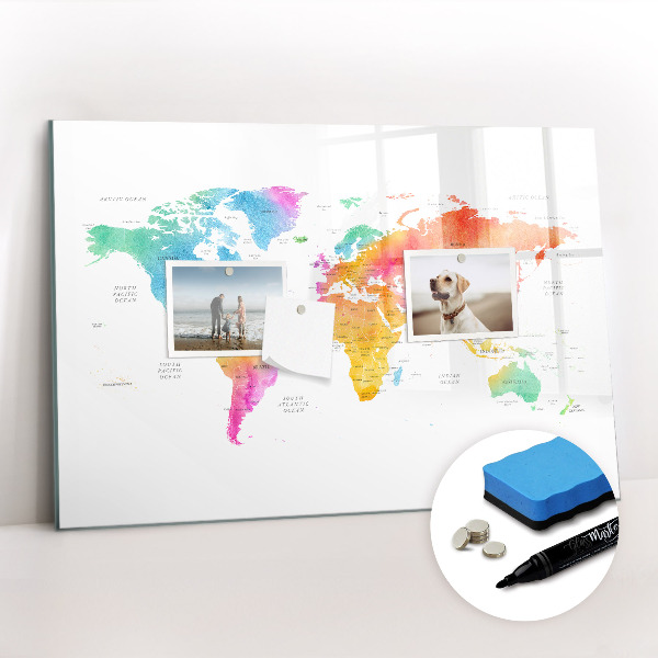 Dry erase magnetic board Watercolor map of the world