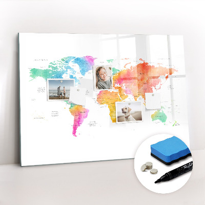 Dry erase magnetic board Watercolor map of the world