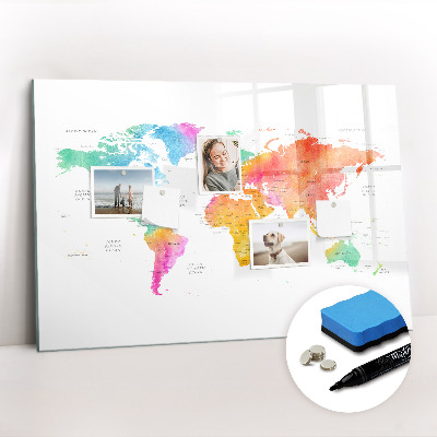 Dry erase magnetic board Watercolor map of the world