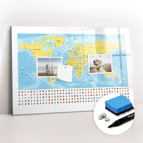 Magnetic dry erase board World map and flags