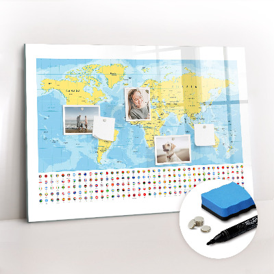 Magnetic dry erase board World map and flags