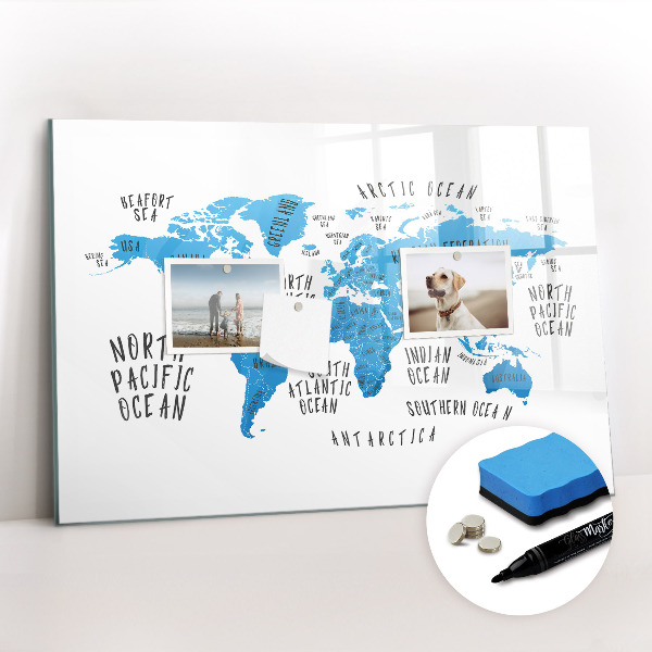Dry erase magnetic board Blue earth map