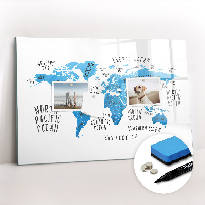 Dry erase magnetic board Blue earth map