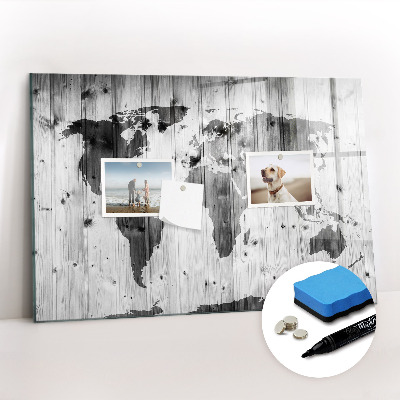 Dry erase magnetic board World map on wood