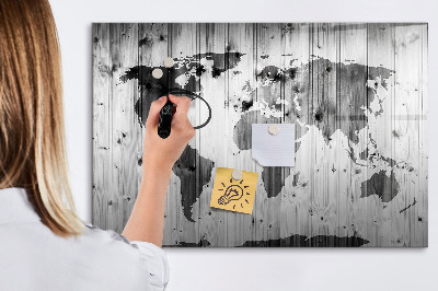 Dry erase magnetic board World map on wood