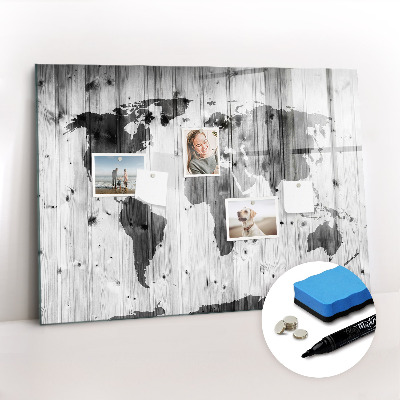 Dry erase magnetic board World map on wood