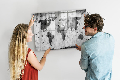 Dry erase magnetic board World map on wood